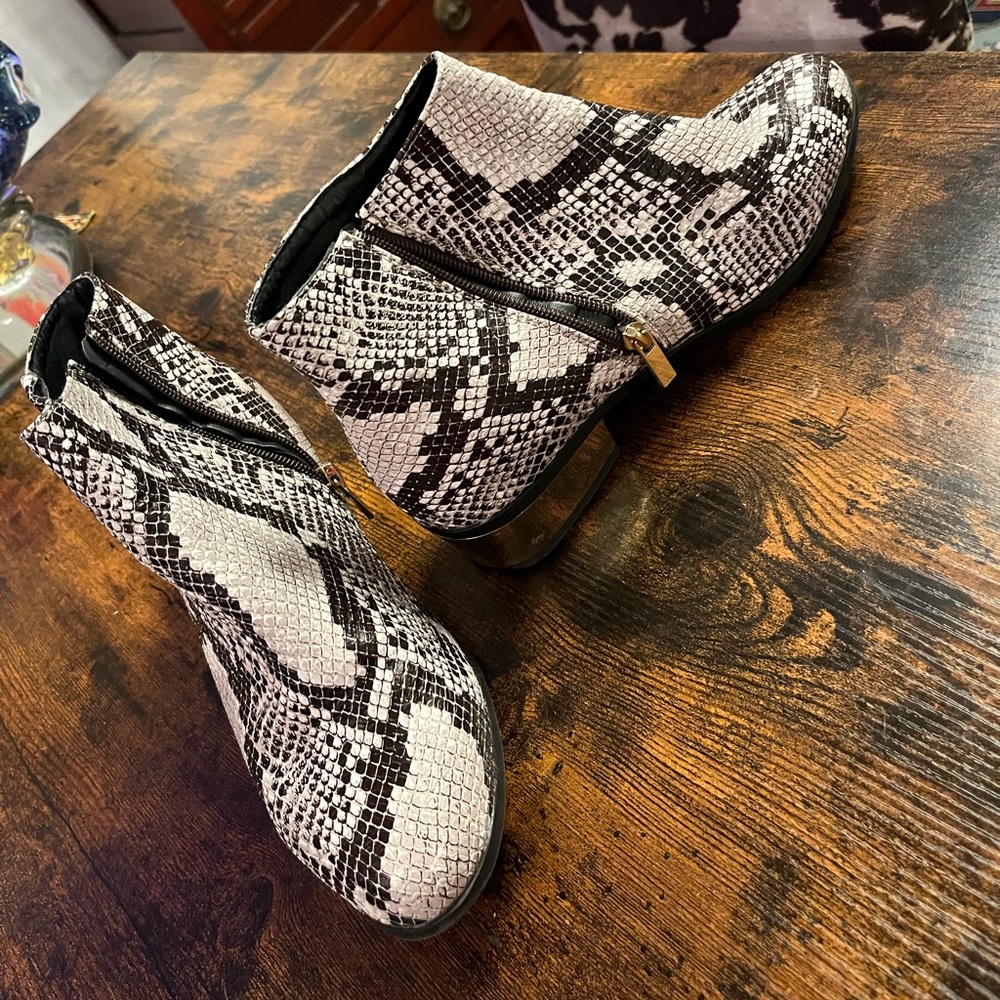 Faux snakeskin booties